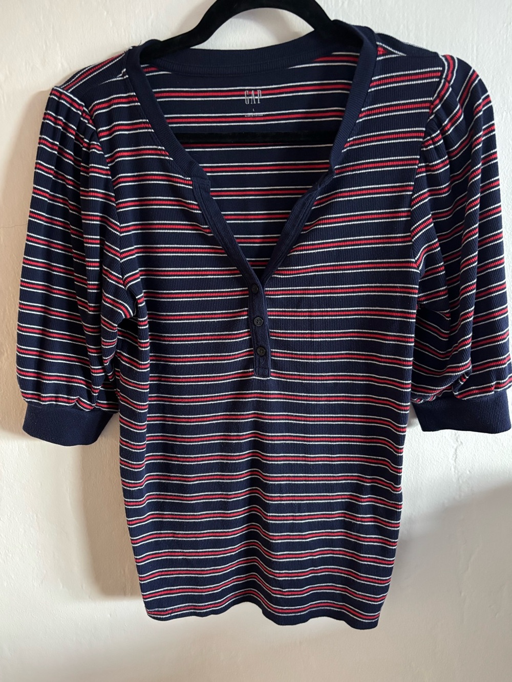 GAP Navy Striped Henley with Puff Sleeves